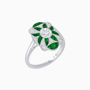 Vintage Floral Ring Mounting with Oval Center Stone, Calibre-Cut Gemstone Accents and Diamond Details - Shahin Jewelry